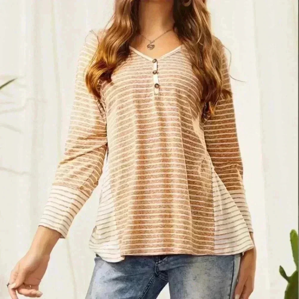 Elegant Beige Striped V-Neck Long Sleeve Top